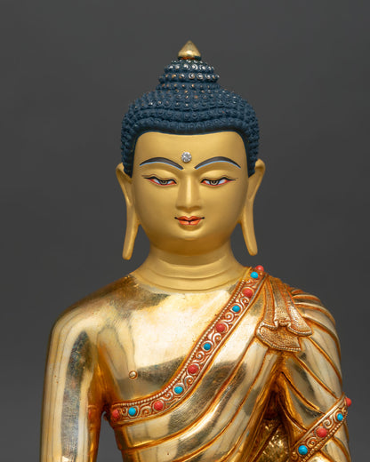Close-up view of Buddha Shakyamuni statue with gold-painted face and intricate semi-precious stone details