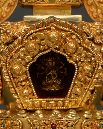 Close Up View of Buddhist Namgyalma Stupa Featuring Miniature Deity Figure and Details 