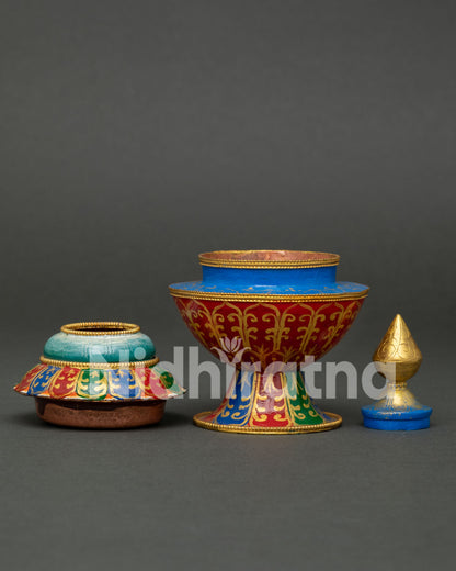 Close Up View of Buddhist Neshi Rice Pot, Featuring Traditional Hand-Painted Himalayan Craftsmanship