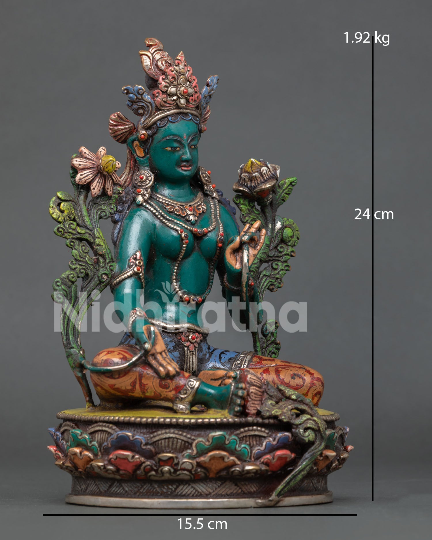 Green Tara Buddhist statue, showing intricate Newari craftsmanship from Nepal.