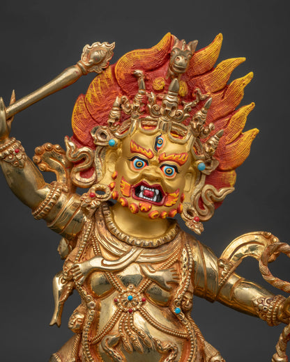 Close up view of handcrafted Hayagriva copper statue showing fine details