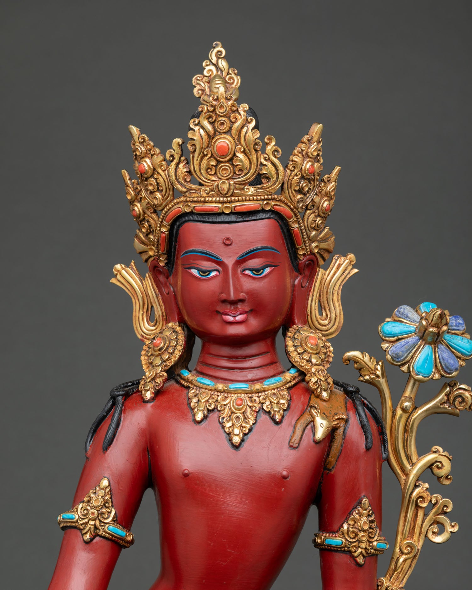 Close Up View of Lokeshwor Face with Acrylic Colors, Gold Details and Buddhist Ornaments
