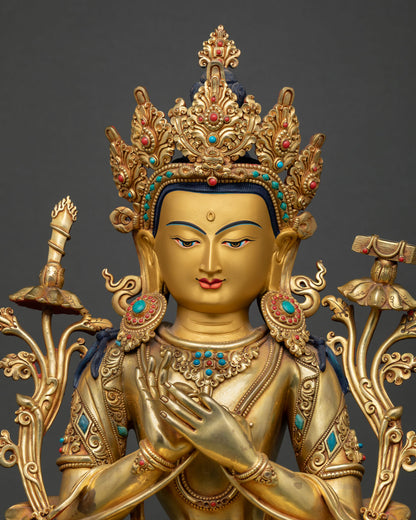 Close Up View of Manjushri Gold Painted Face with Lotus Pedestal and Buddhist Ornament Details