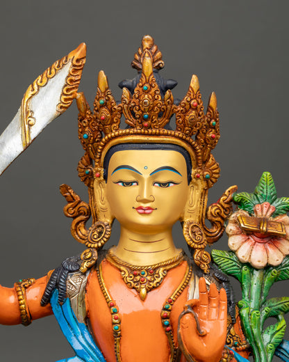 Close Up View of Manjushri Statue with Hand Painted Face and Acrylic Details