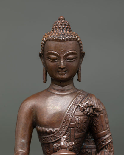 Close Up View of Medicine Buddha statue, Handcrafted Oxidized Copper Buddhist Statue