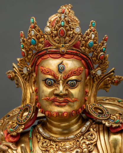 Close-up view of Namtoshe face with hand-painted beard, turquoise-inlaid crown, and gold gilding
