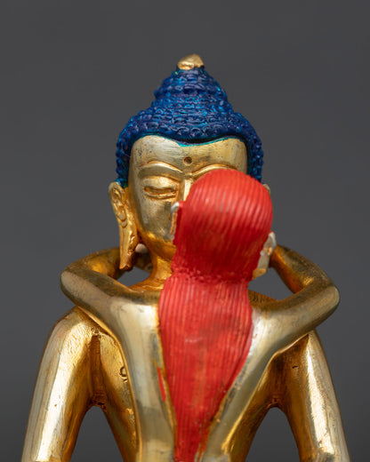 Close-up view of Samantabhadra and consort in sacred union with detailed gold finish and refined Himalayan craftsmanship
