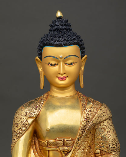 Close up view of Shakyamuni Buddha calm face, showing peaceful expression and traditional Himalayan craftsmanship