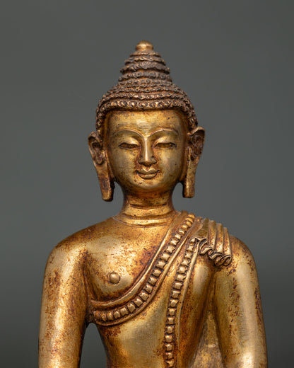 Close up view of Shakyamuni Buddha face and hand carved monk robe details with antique finish.
