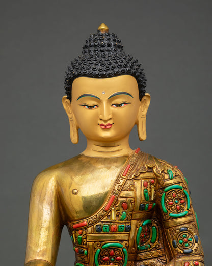 Close Up View of Shakyamuni Buddha Statue Gold Fire Gilded Himalayan Sculpture
