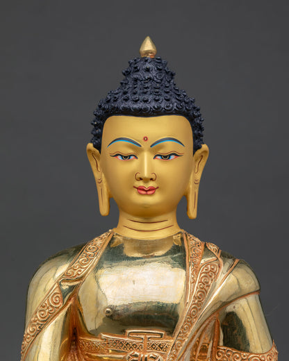 Close up view of Shakyamuni Buddha statue with calm expression symbolizing wisdom inner peace and enlightened awareness