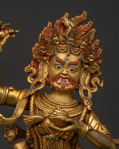 Close Up View of Troma Nagmo Statue with Gold Gilded Face Third Eye and Semi Precious Stones