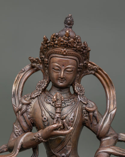 Close Up View of Vajrasattva Face with Vajra on Oxidized Copper Buddhist Statue