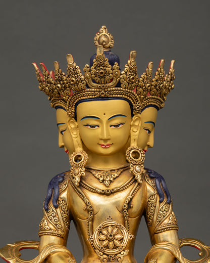 Close up view vairocana buddha statue highlighting intricate copper craftsmanship and gilded detailing
