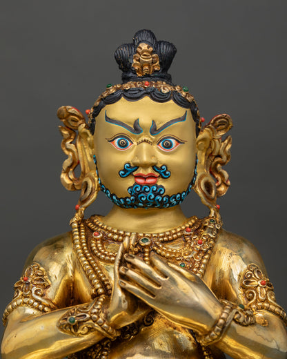 Close up Virupa statue gold painted face semi precious stones detail Himalayan Buddhist artisan sculpture Kathmandu Valley