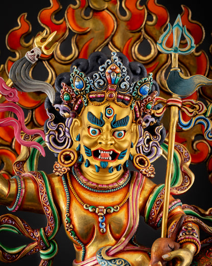 Close up white Dzambhala face gold painted detail vibrant acrylic finishing Buddhist wealth deity museum quality art