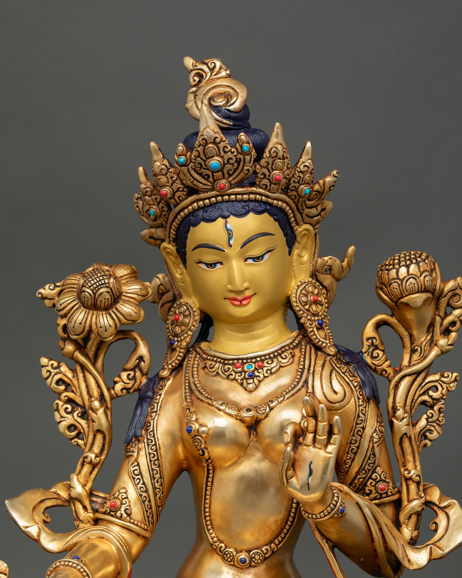 Close Up White Tara Face Gold Painted Expression with Semi Precious Stones Healing Deity Sculpture