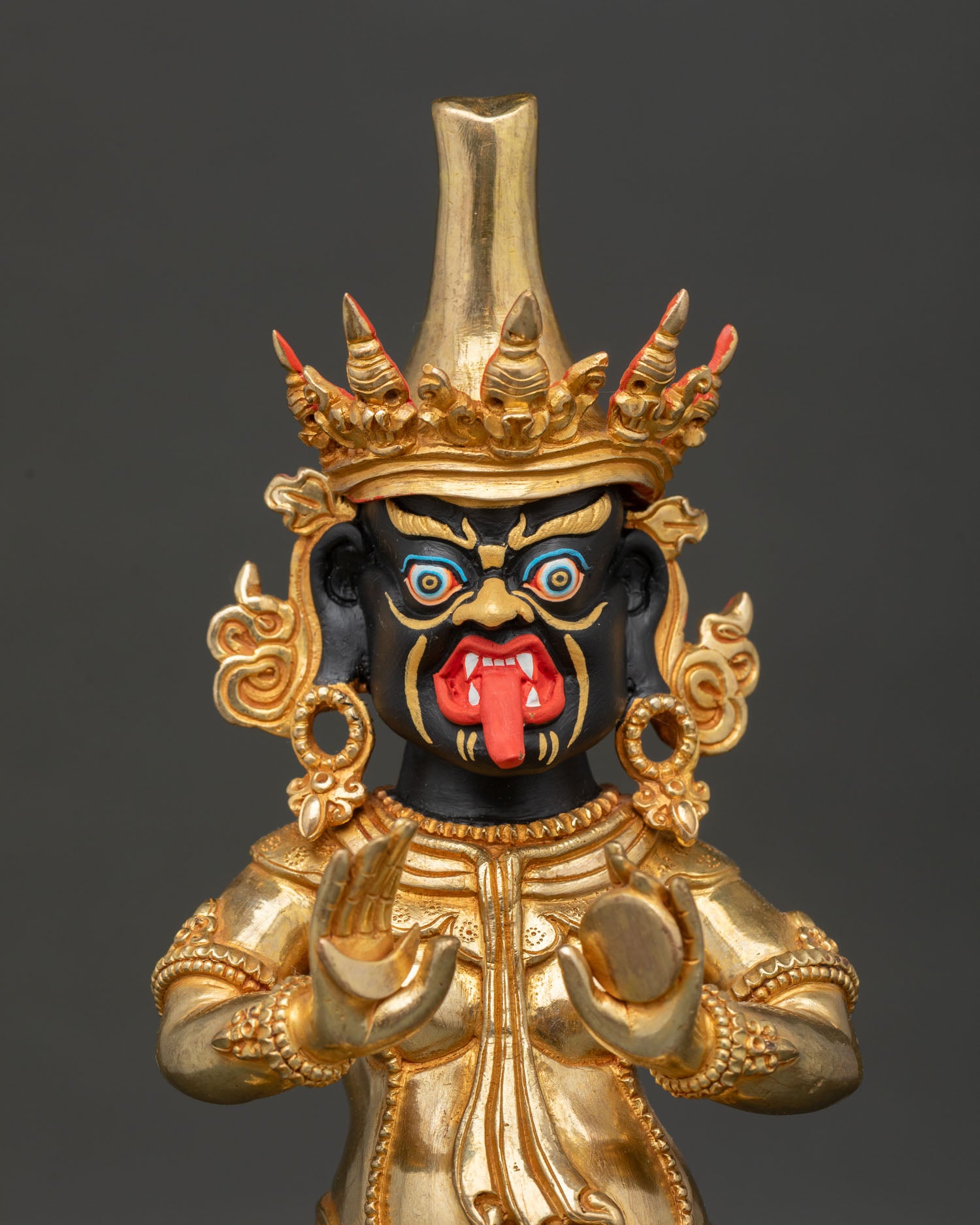 Close Up Zhajilamu Face Black Hued Expression Open Mouth Long Tongue Wrathful Female Deity Art
