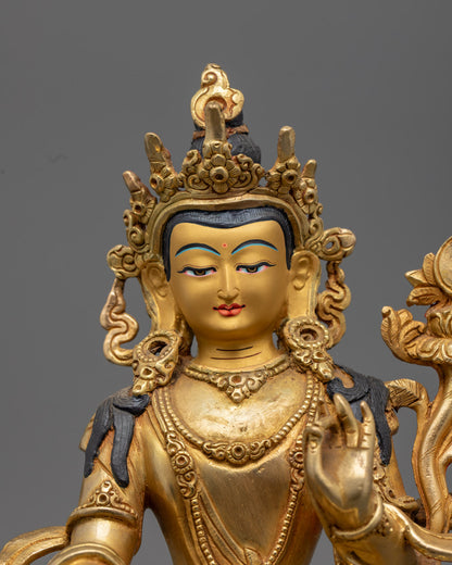 close-up of Bodhisattva face showing gold gilding and detailed floral utpala carving