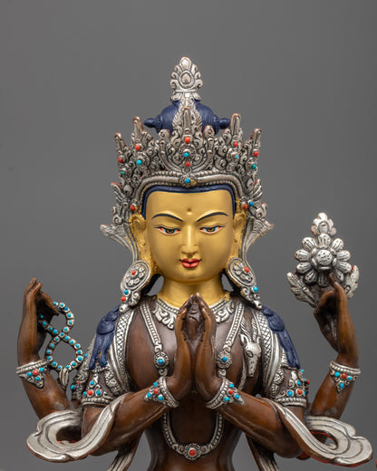 close-up of Chenrezig’s face, 5-jeweled crown, and silver-plated wish-fulfilling gem