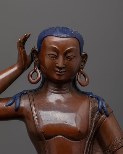 close-up of Milarepa statue's serene face and hand-carved oxidized bowl in copper finish