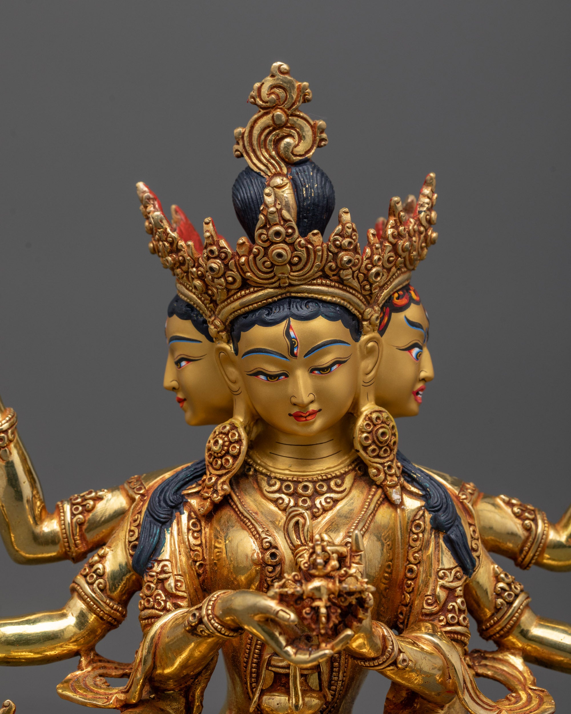 close-up of Namgyalma statue crown, jewelry, and face details