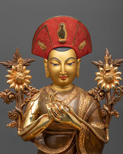 close-up of Pandita Hat and utpala flower on handcrafted Nyamme Sherab Gyaltsen Statue