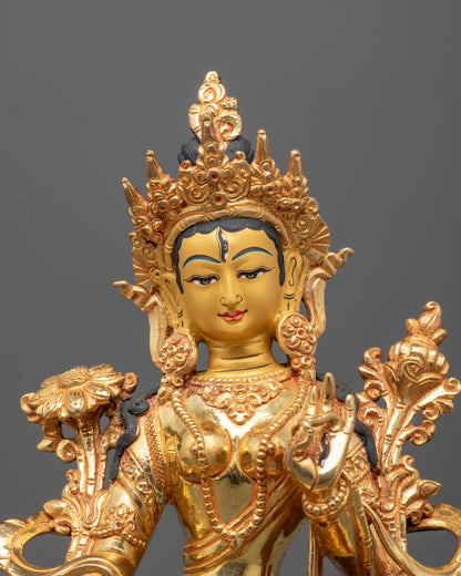 close-up of White Tara face and lotus crown showing fire-gilded detail and semi-precious stones
