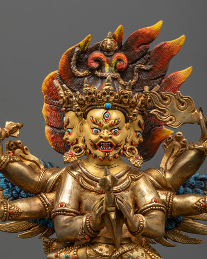 close-up of vajrakilaya statue showing intricate carvings and semi-precious stone details
