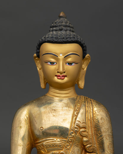 Close view of Amitabha Buddha Statue, handcrafted copper details with gold accents and serene expression