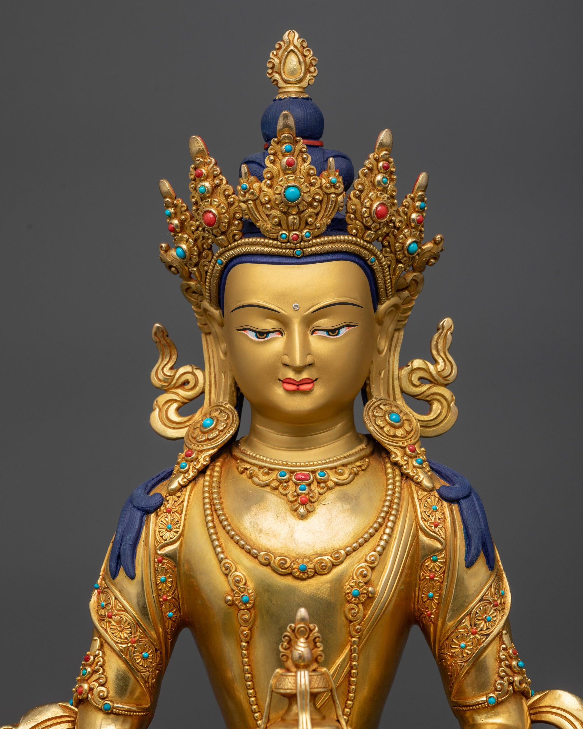 close up Amitayus statue holding medicinal vase on lotus pedestal, Tibetan Buddhist art
