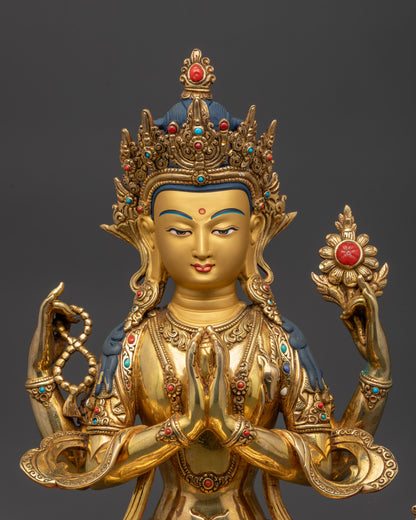 close up Chenrezig showing jeweled crown, crystal mala, lotus flower, and serene face