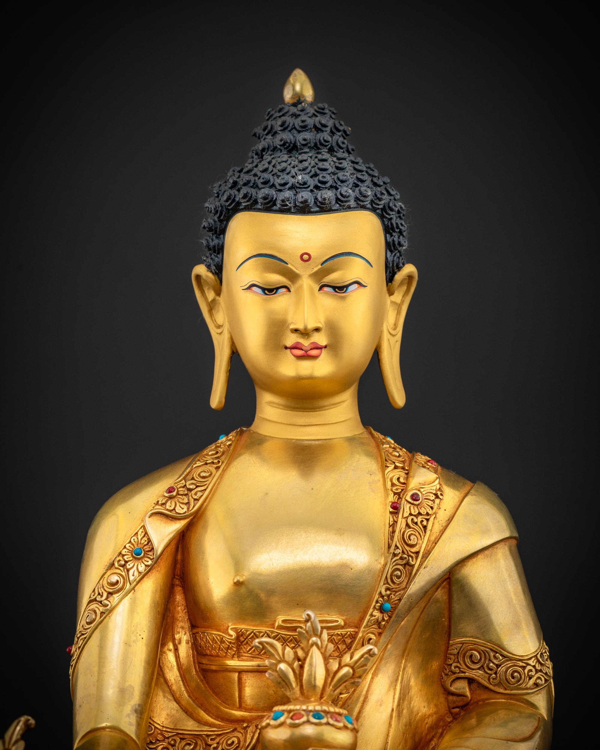 close up Medicine Buddha statue intricate detailing by skilled Nepalese artisans for spiritual decor