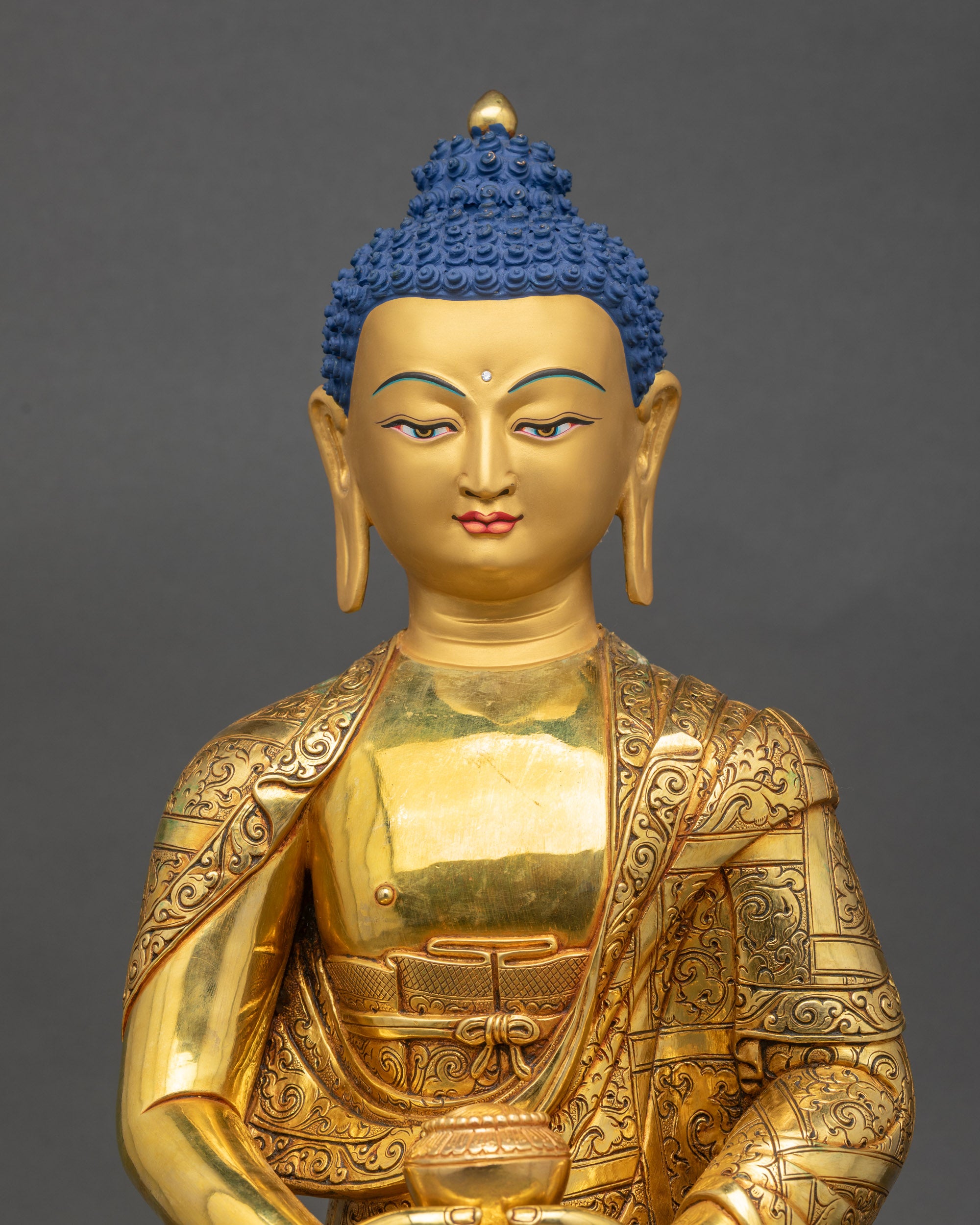 close up Premium Amitabha Buddha sculpture with carved robe and meditation bowl in dhyana mudra
