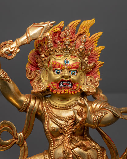 close up Protector Sankata statue wrathful face five-skull crown sacred sword lasso
