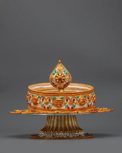 close up Sacred Tibetan Mandala showing detailed floral patterns with semi-precious stones
