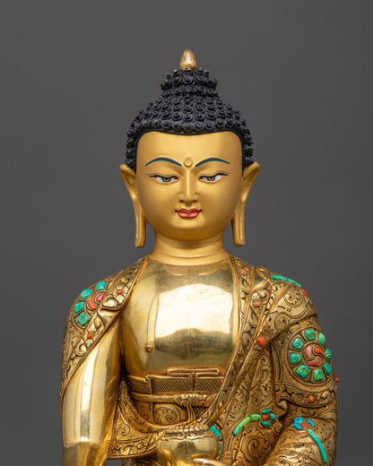 close up Shakyamuni Buddha face and patra bowl details lost-wax carved patterns
