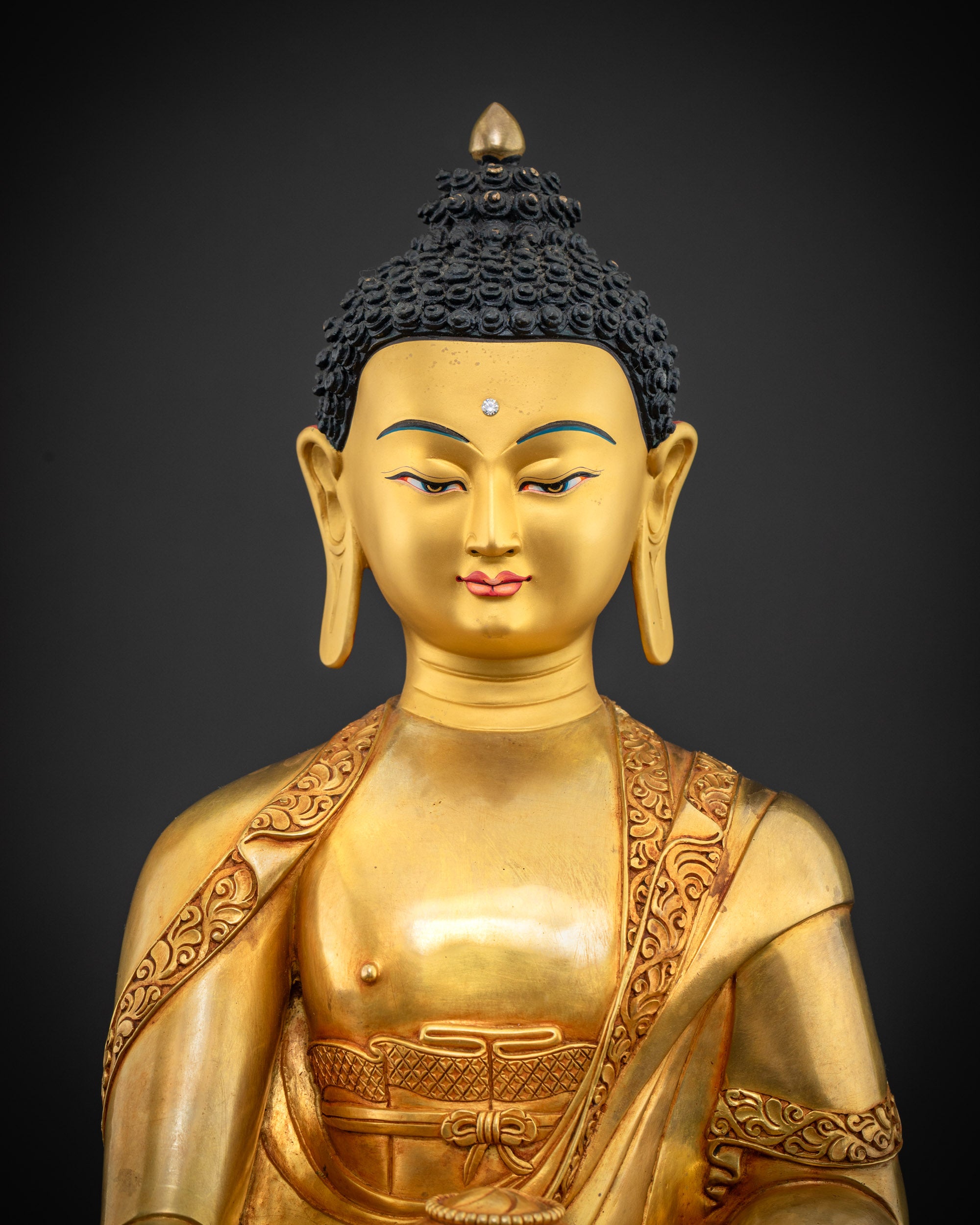close up Shakyamuni Buddha statue detailed mudras and serene expression hand-carved by artisans