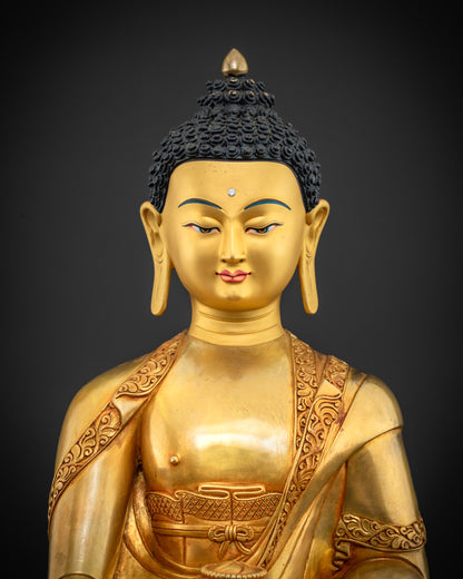 close up Shakyamuni Buddha statue detailed mudras and serene expression hand-carved by artisans
