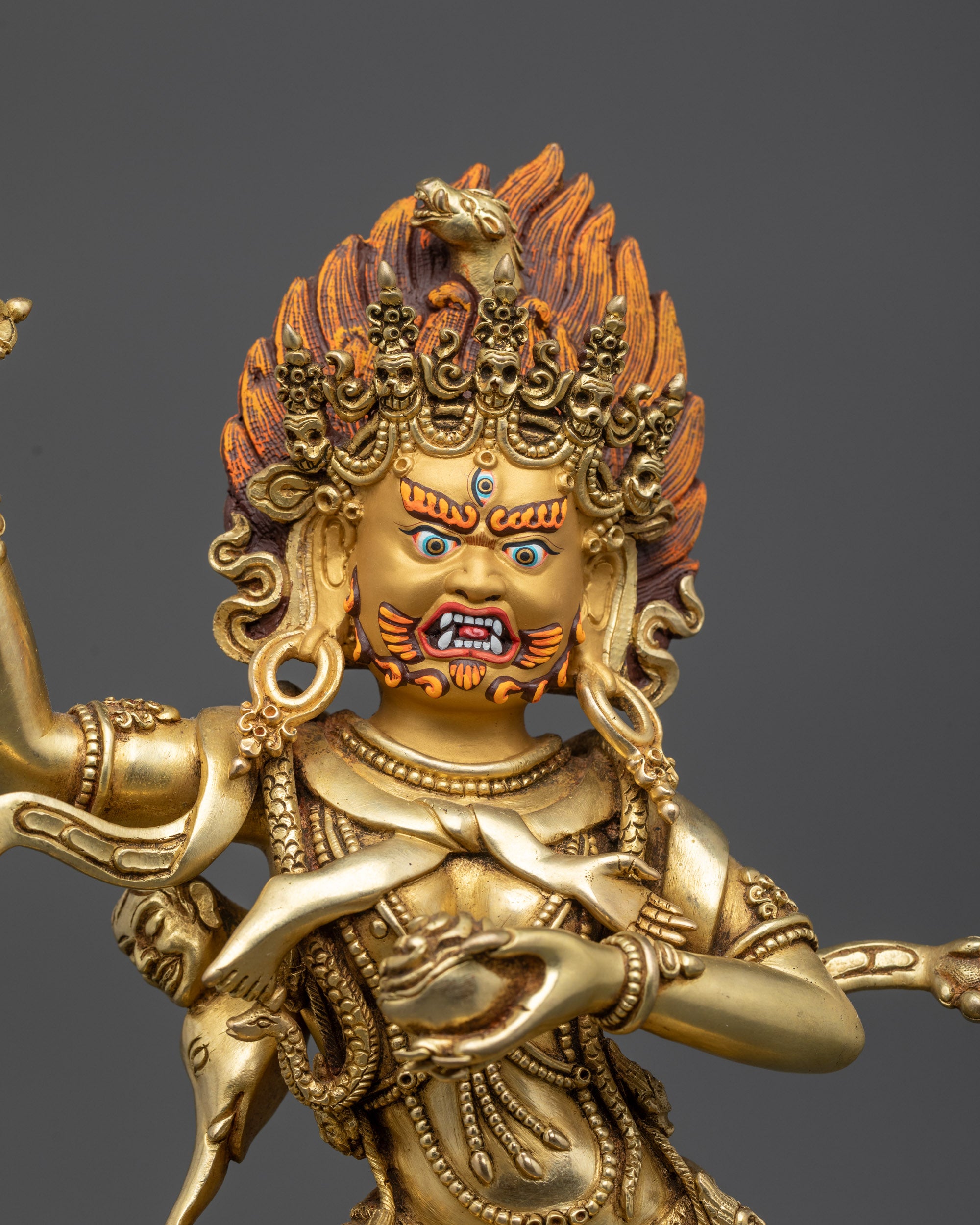 close up Troma Nagmo Dakini statue showing kartika knife and skull cup details
