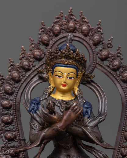 close up of Vajradhara face showing gold plating and intricate electroplated detailing