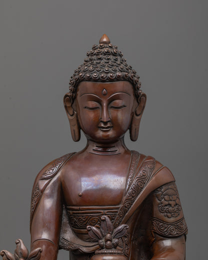 close up of medicine buddha statue holding myrobalan fruit and plant in oxidized copper