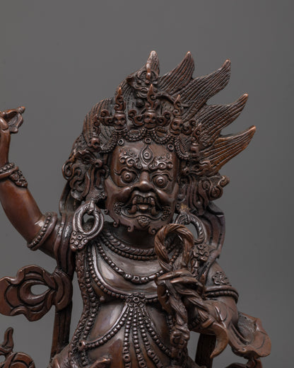 close up of oxidized vajrapani face with serpent necklace and detailed halo craftsmanship
