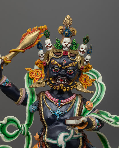 close up of wrathful manjushri face with skull crown and blazing fire halo