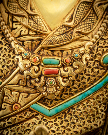 close up view of jewelries Padmasambhava statue gold gilded Guru Rinpoche ornaments
