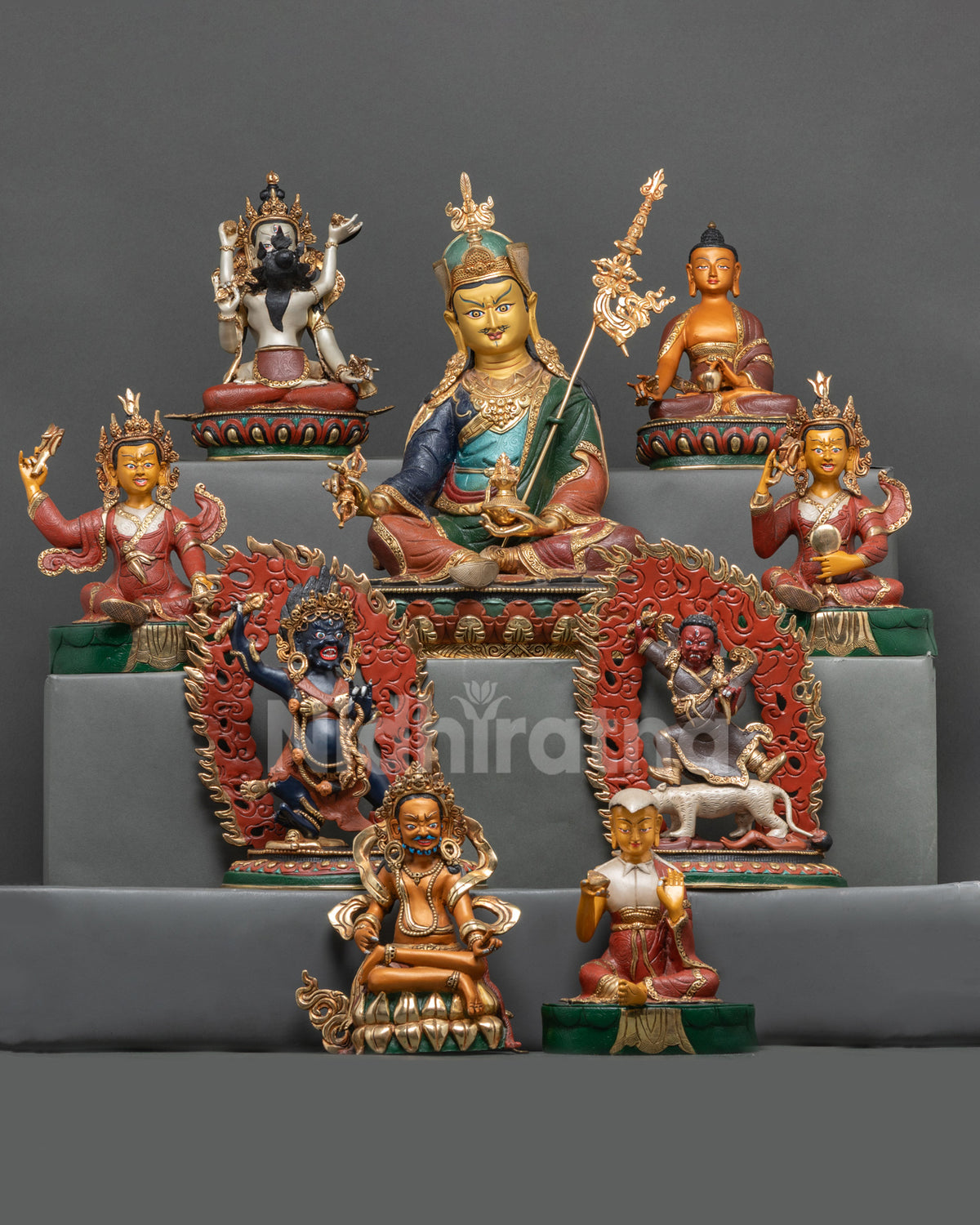 Colorful Guru Sangye statue set, Guru Rinpoche and his eight manifestations in hand-painted copper