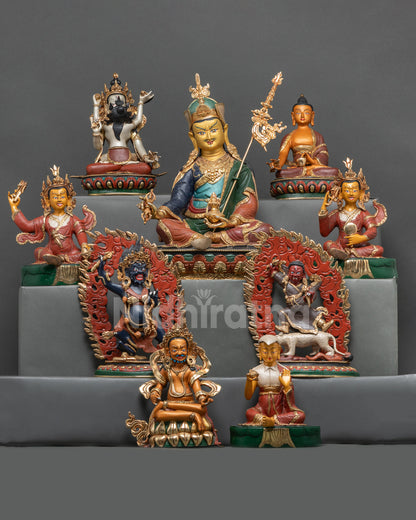 Colorful Guru Sangye statue set, Guru Rinpoche and his eight manifestations in hand-painted copper