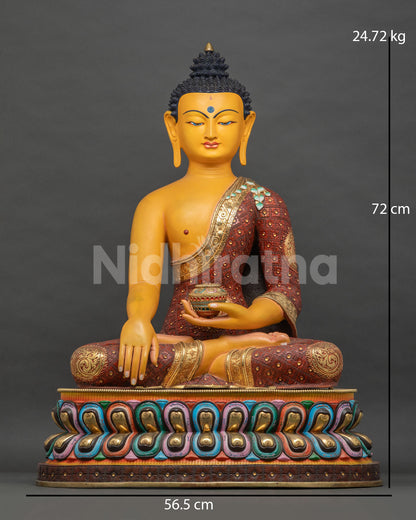 Colorful Shakyamuni Buddha statue, gold-gilded copper, hand-painted, front view