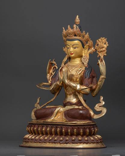 Compassionate Chenrezig buddhist statue with crystal rosary blooming white lotus and sacred jewel.
