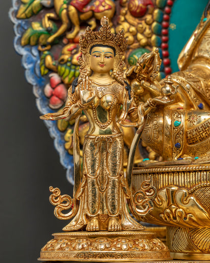 Close-up of Mandarava consort figure on Guru Rinpoche throne statue